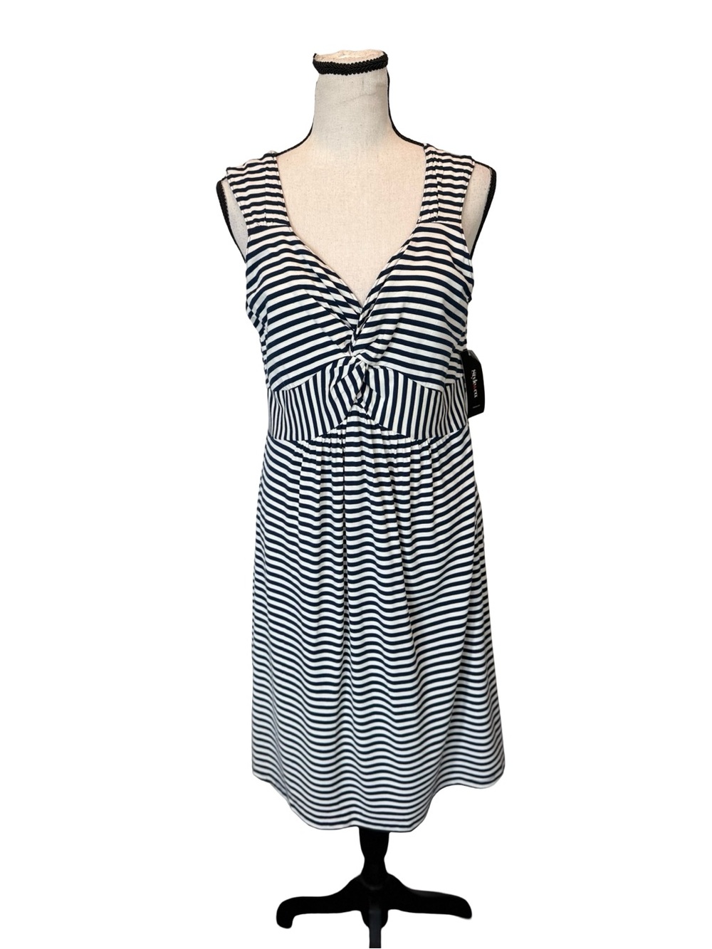 NWT Style & Co Navy White Striped Sleeveless Dress Twist Front Midi Medium